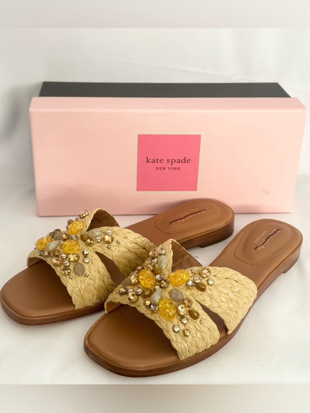 Kate Spade Dock Crystal Raffia Slides 10B NIB Defaced Sandals - Picture 14 of 14